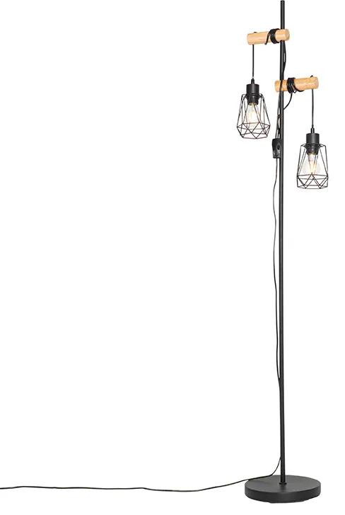 Rustikálna stojaca lampa čierna s drevom 2-svetlo s tienidlom - Dami Frame