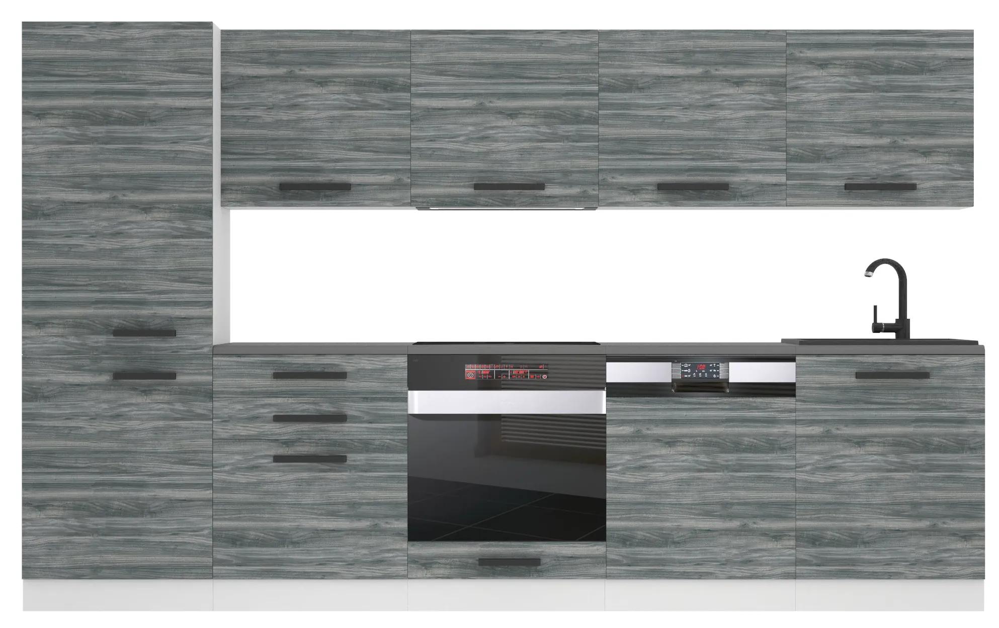 Kuchynská linka Belini Premium Full Version 300 cm šedý antracit Glamour Wood s pracovnou doskou ROSE