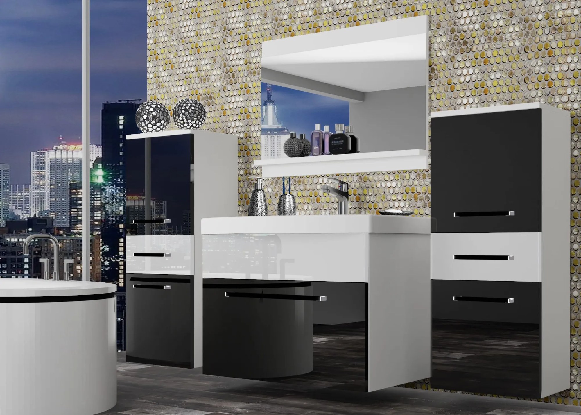 Kúpeľňový nábytok Belini čierny lesk / biely lesk + umývadlo + zrkadlo ROD P 4/0/W/BW/0/ZW