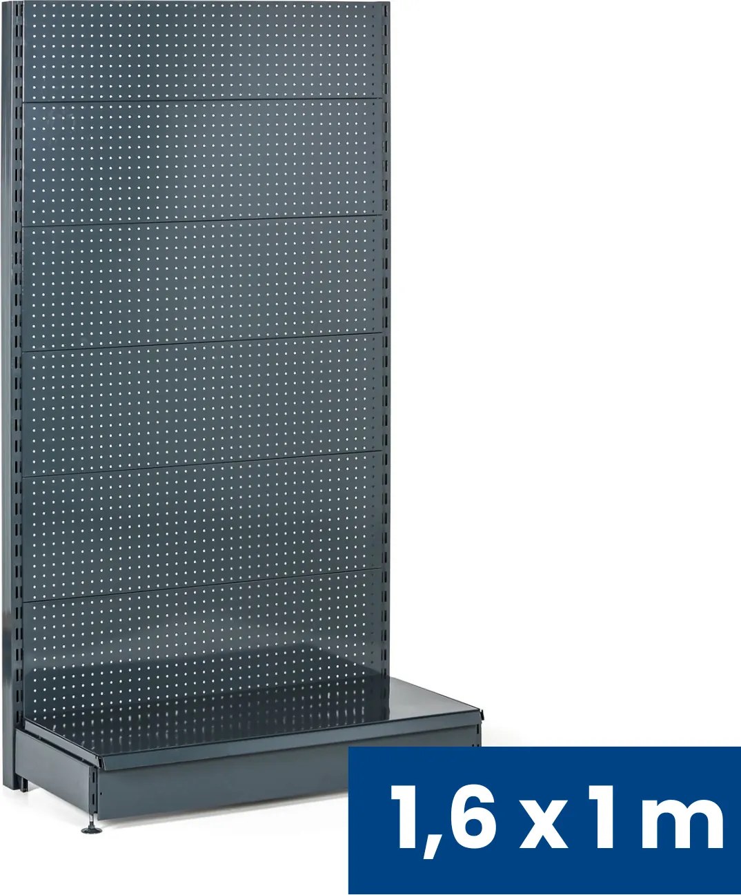 Predajný regál jednostranný, perfo steny, 1600 x 1000 x 450 mm, základný, antracit