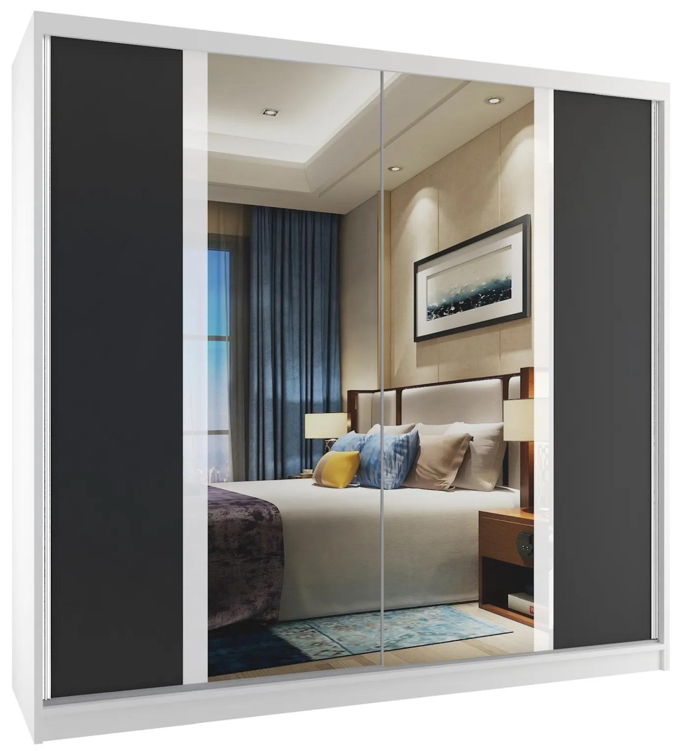 Šatníková skriňa 200 cm Belini biely mat / čierny mat s posuvnými dverami a zrkadlom MV SZP1/2/W/B/W/HI