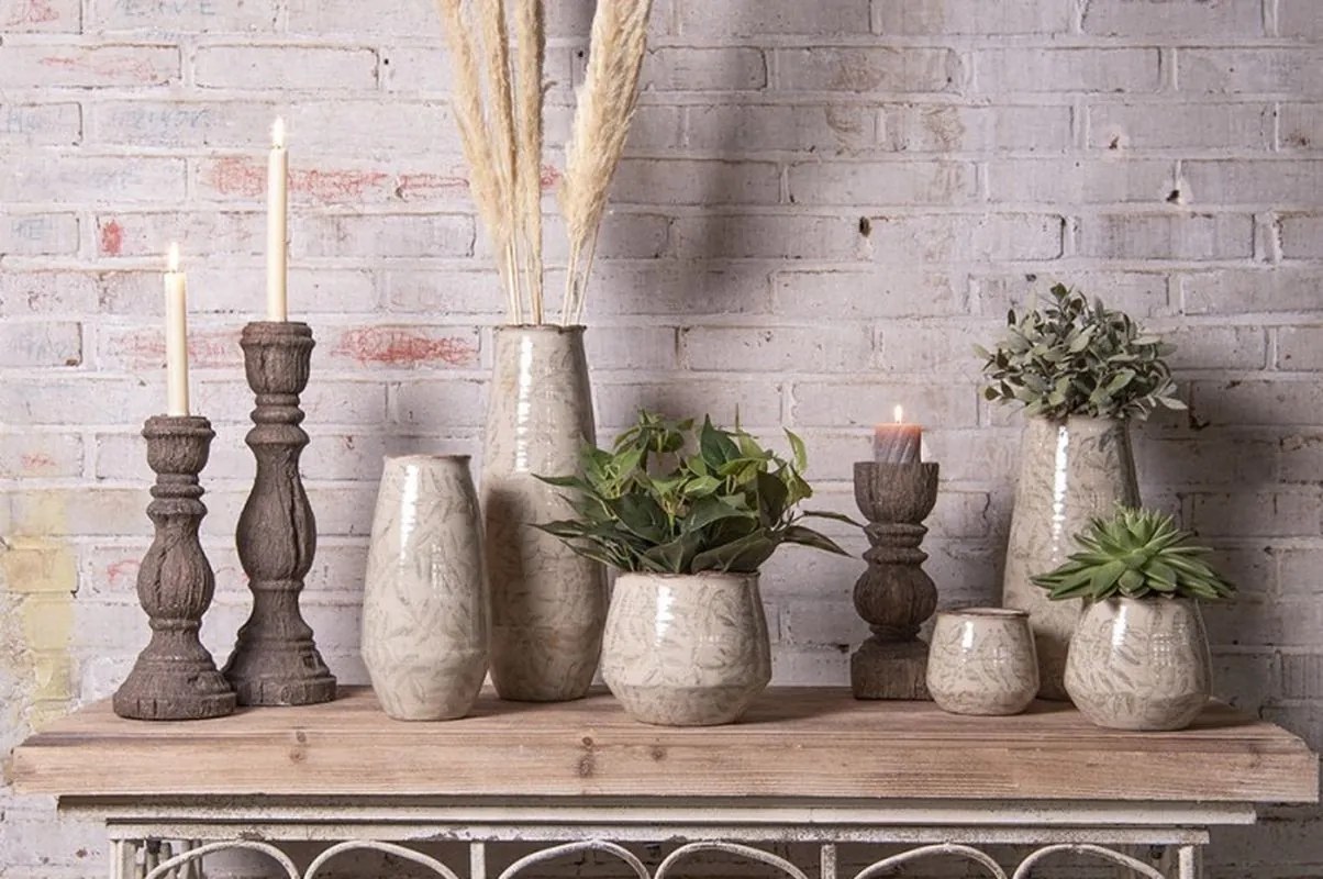 Béžový keramický obal na kvetináč s listami Lovely Leaves M - Ø14*13 cm