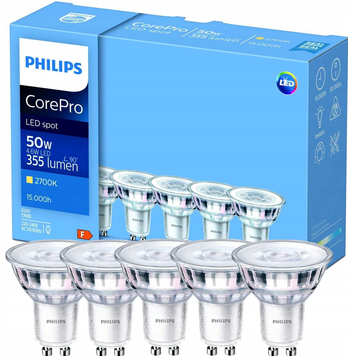 5x LED žiarovka Philips GU10 - 4,6 W - 355lm - 2700K