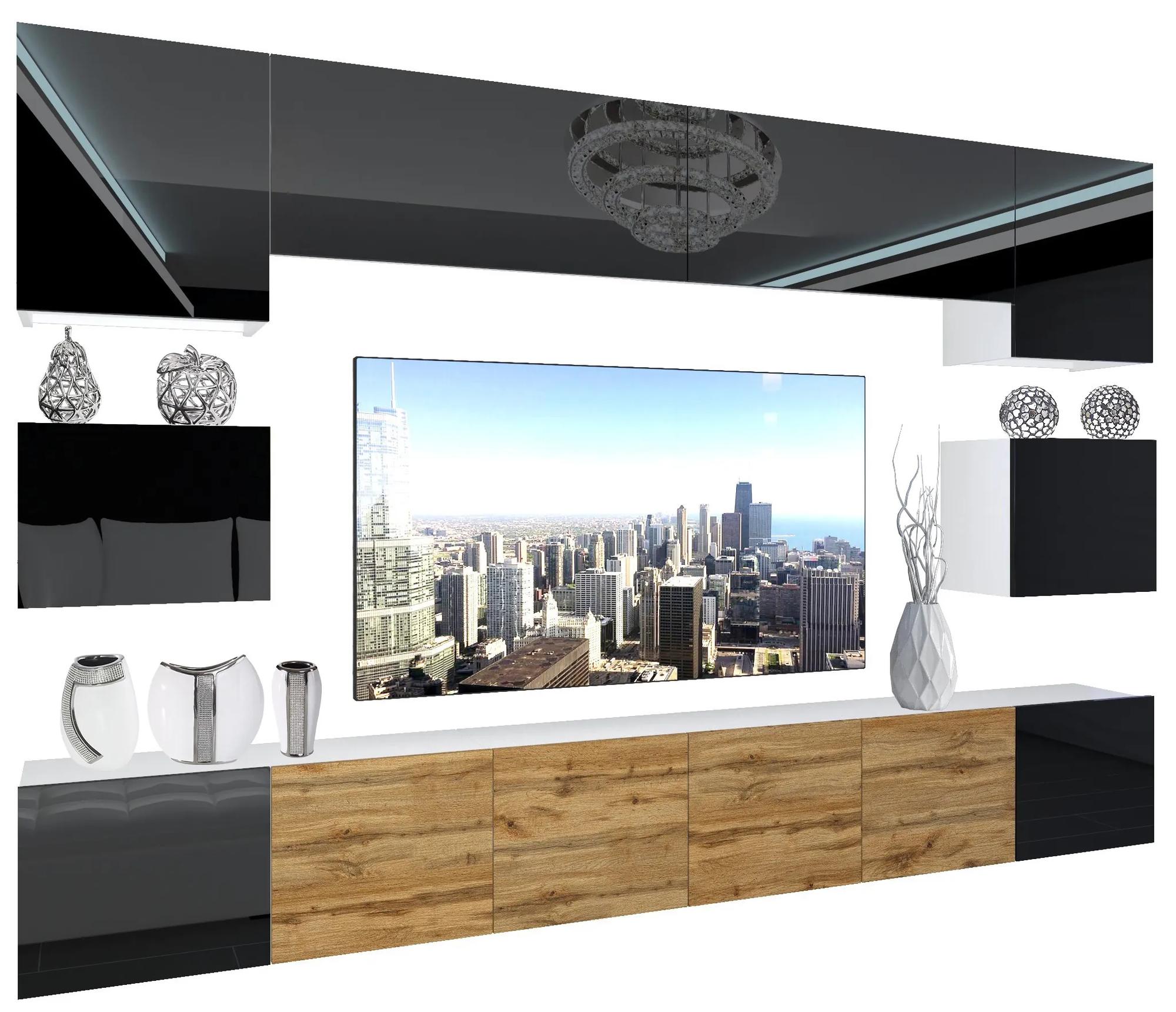 Obývacia stena Belini Premium Full Version čierny lesk / dub wotan + LED osvetlenie Nexum 53