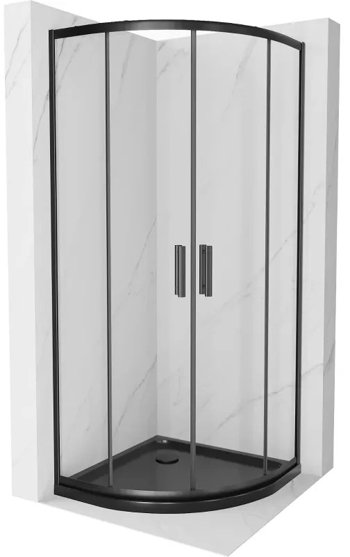 Mexen Rio, štvrťkruhový sprchovací kút s posuvnými dverami 90 x 90 cm, 6mm číre sklo, čierny profil + čierna sprchová vanička, 863-090-090-70-00-4170B