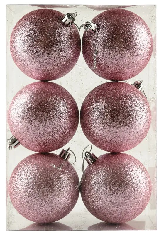 DECOLED Plastové guľôčky, 8 cm, jemná ružová, 6 x trblietky