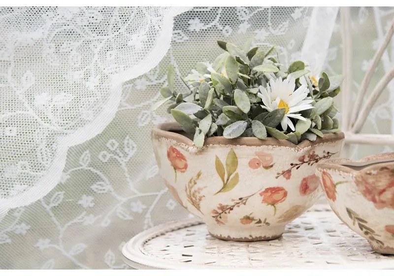 Béžový keramický obal na kvetináč s ružovými kvetmi Olia S - Ø 16*9 cm