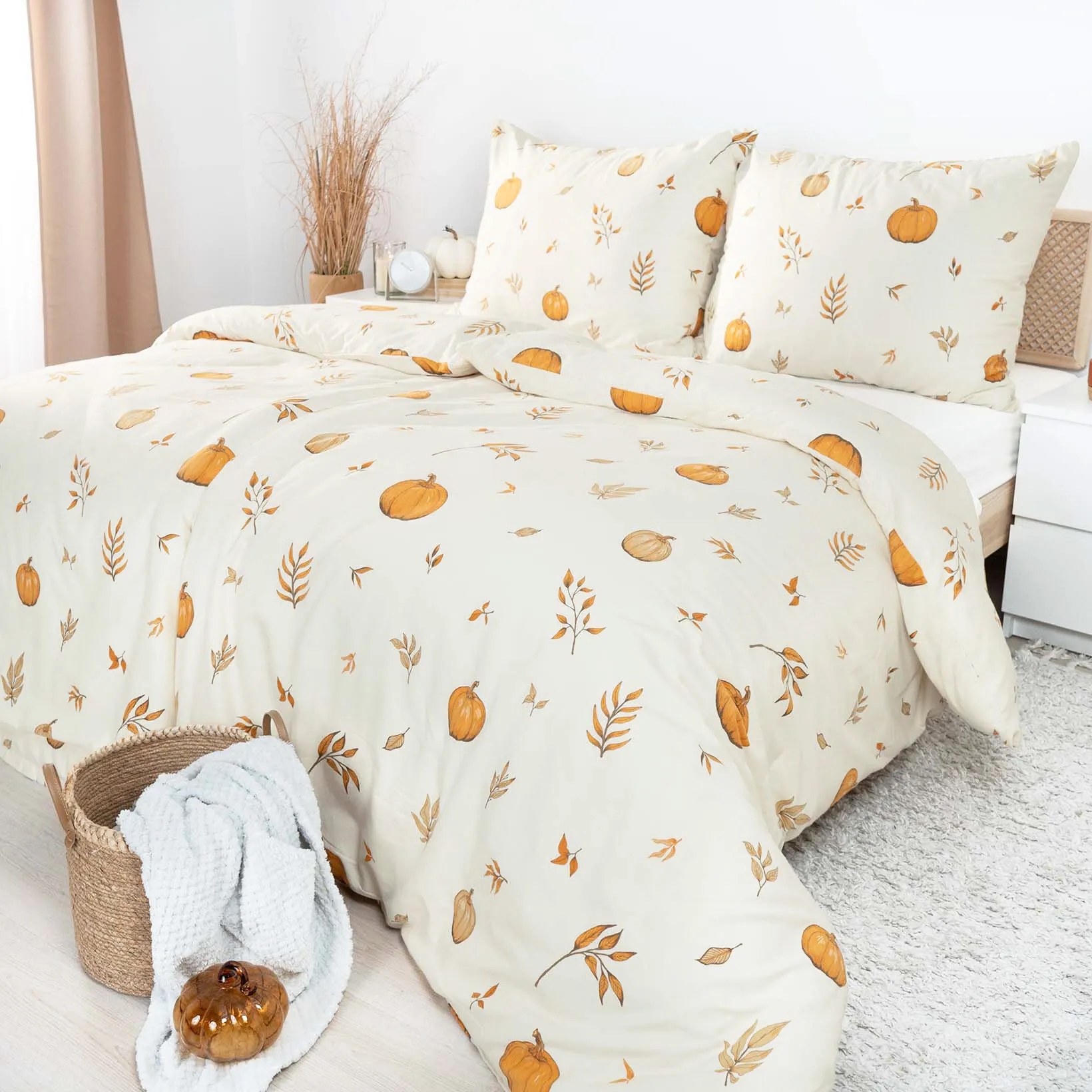 Goldea flanelové posteľné obliečky - jesenné tekvice a lístky 140 x 200 a 70 x 90 cm