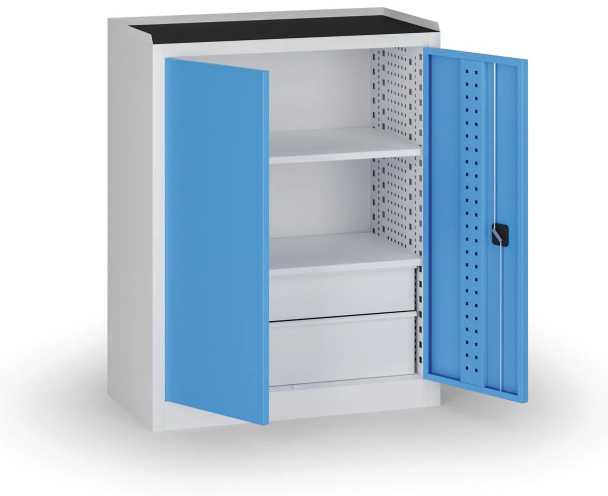 Policová dielenská skriňa 2-dverová, 2 police + 4 zásuvky, 1180 × 950 × 500 mm, modré dvere