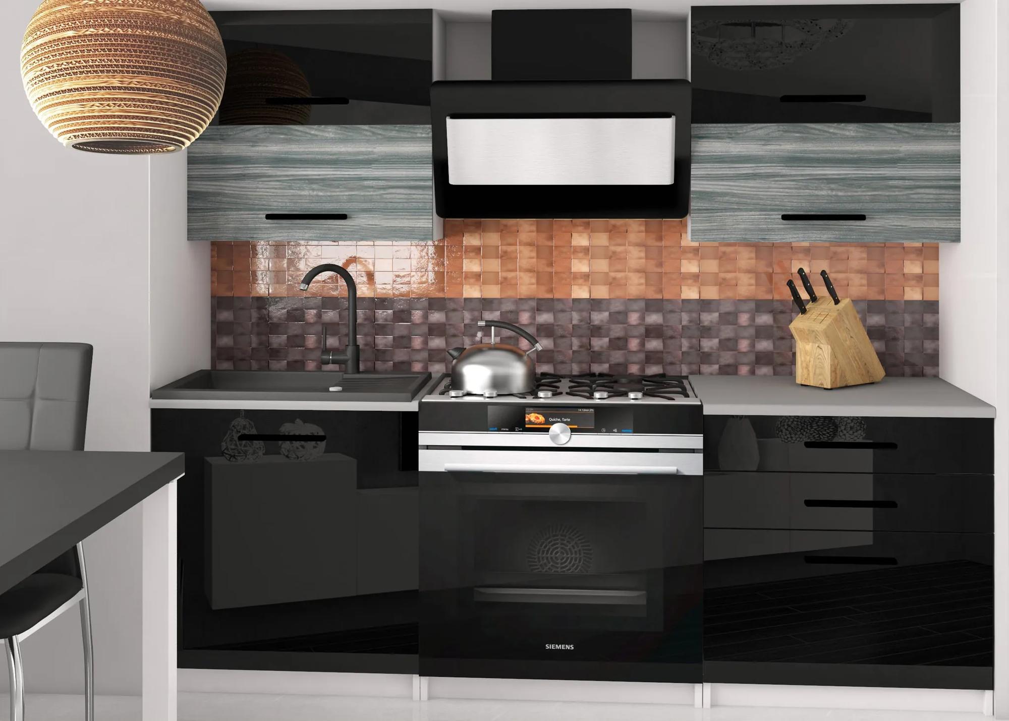 Kuchynská linka Belini 120 cm čierny lesk / šedý antracit Glamour Wood s pracovnou doskou Eleganta2 INF ELEGANTA2/2/WT/BGW1B/0/B1