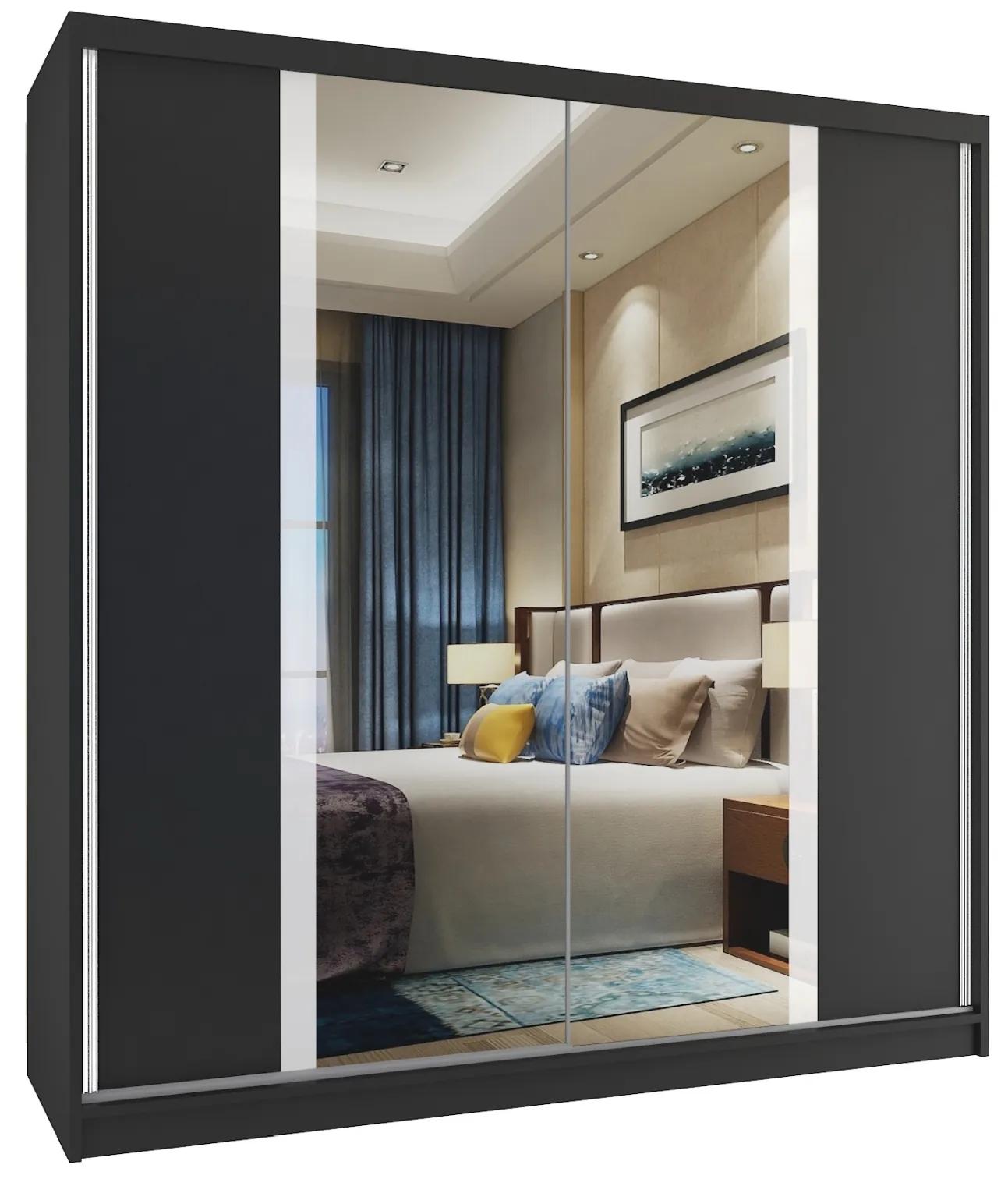 Šatníková skriňa 158 cm Belini čierny mat s posuvnými dverami a zrkadlom MV SZP3/2/B/B/W/HI