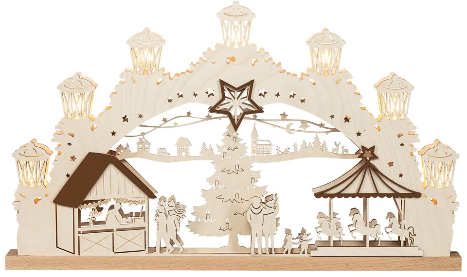 Elektrický svietnik 3D vianočný trh, napájanie: sieťové, 7 sviečok, prírodný