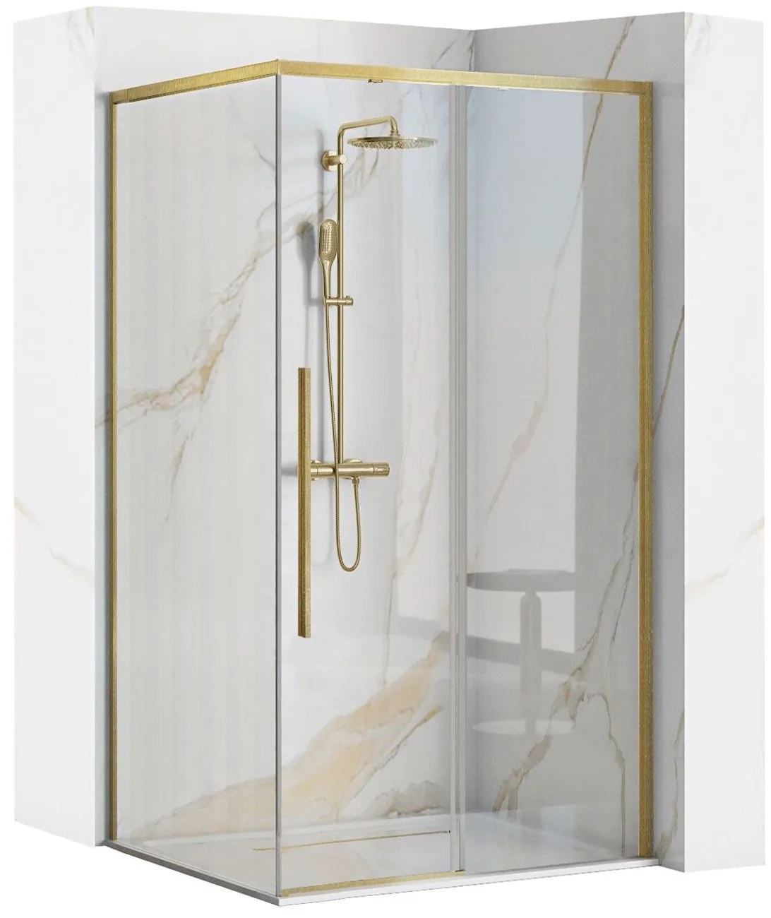 Rea Solar, sprchovací kút s posuvnými dverami 90(dvere) x 90(stena) x 195 cm, 6mm číre sklo, zlatý matný profil, REA-K9500