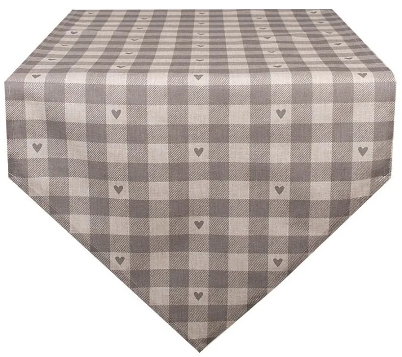 Béžovo-sivý károvaný behúň na stôl so srdiečkami Love It - 50*160 cm