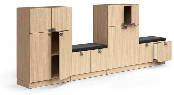 Úložná skriňa QBUS, 2 skrinky + 2 lavice, so soklom, 1257x3200x420 mm, dub, tmavošedá poduška