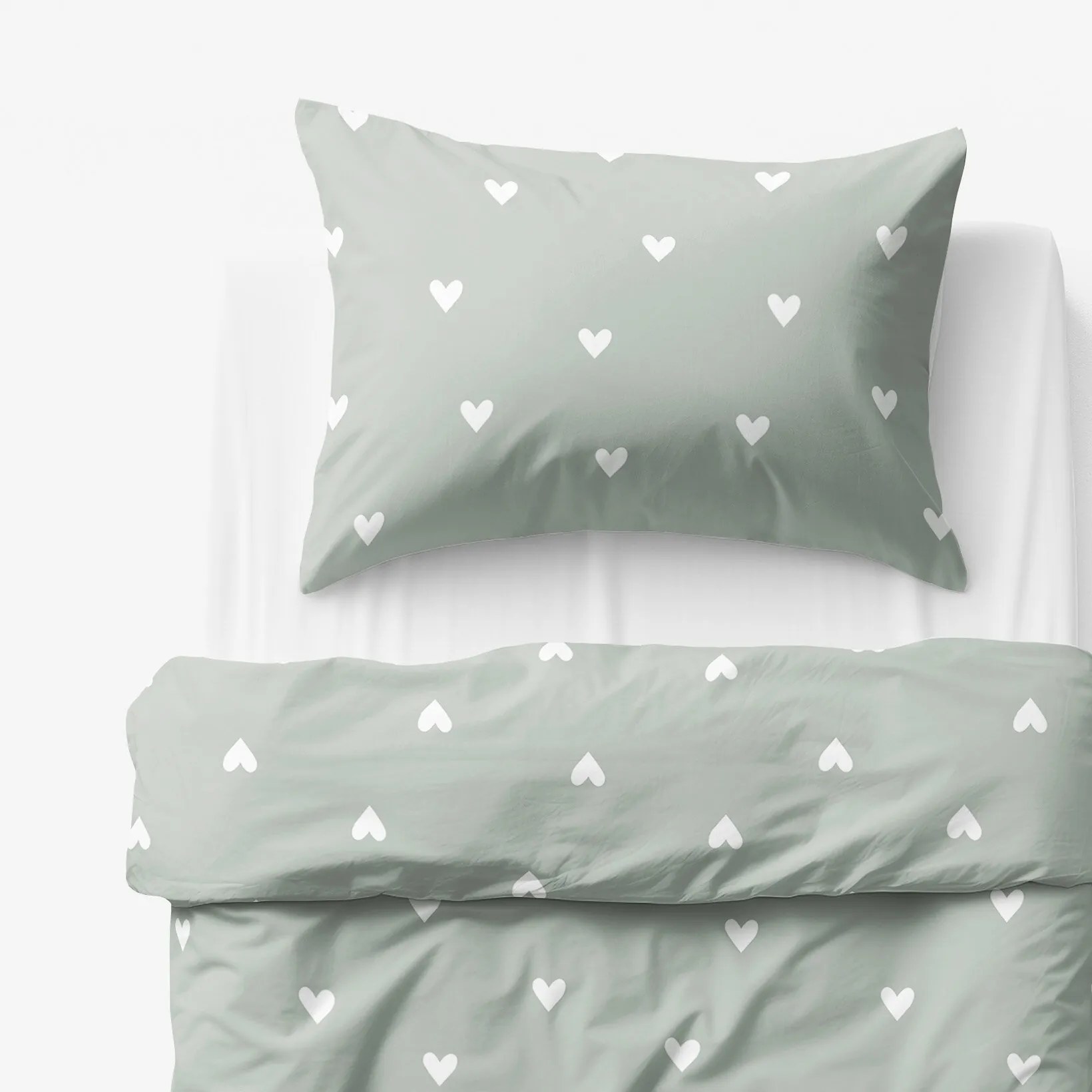 Goldea detské bavlnené obliečky - srdiečka na šalviovo zelenom 140 x 200 a 70 x 90 cm