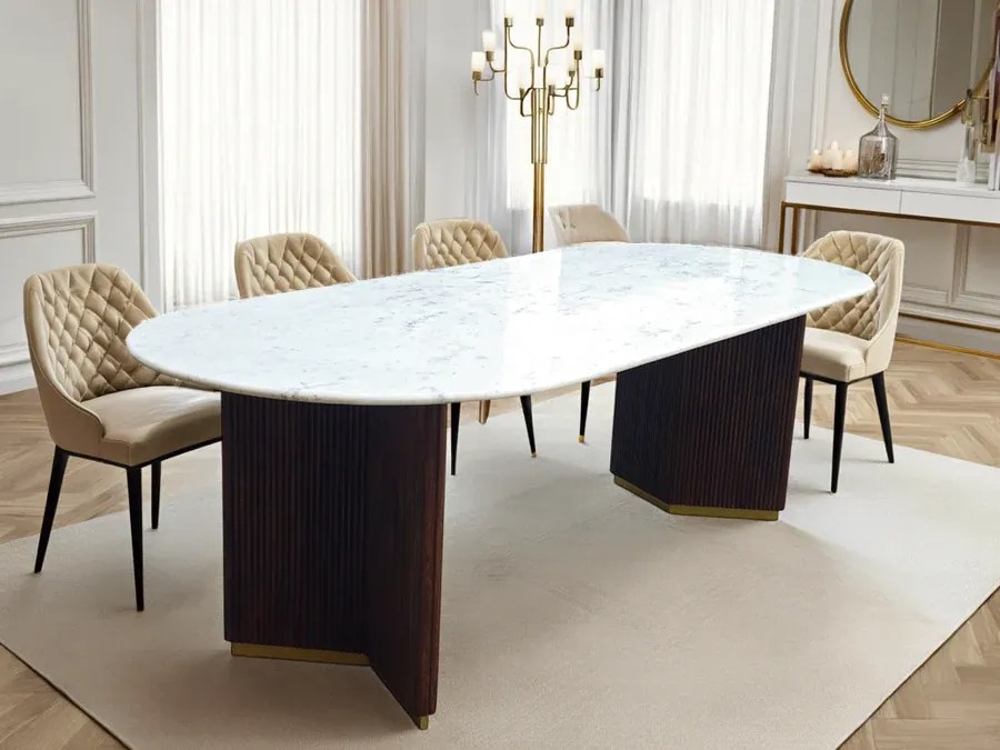 Jedálenský stôl GATSBY 240 cm oválny, mangové drevo, rám v tvare V, mramorová doska, biely