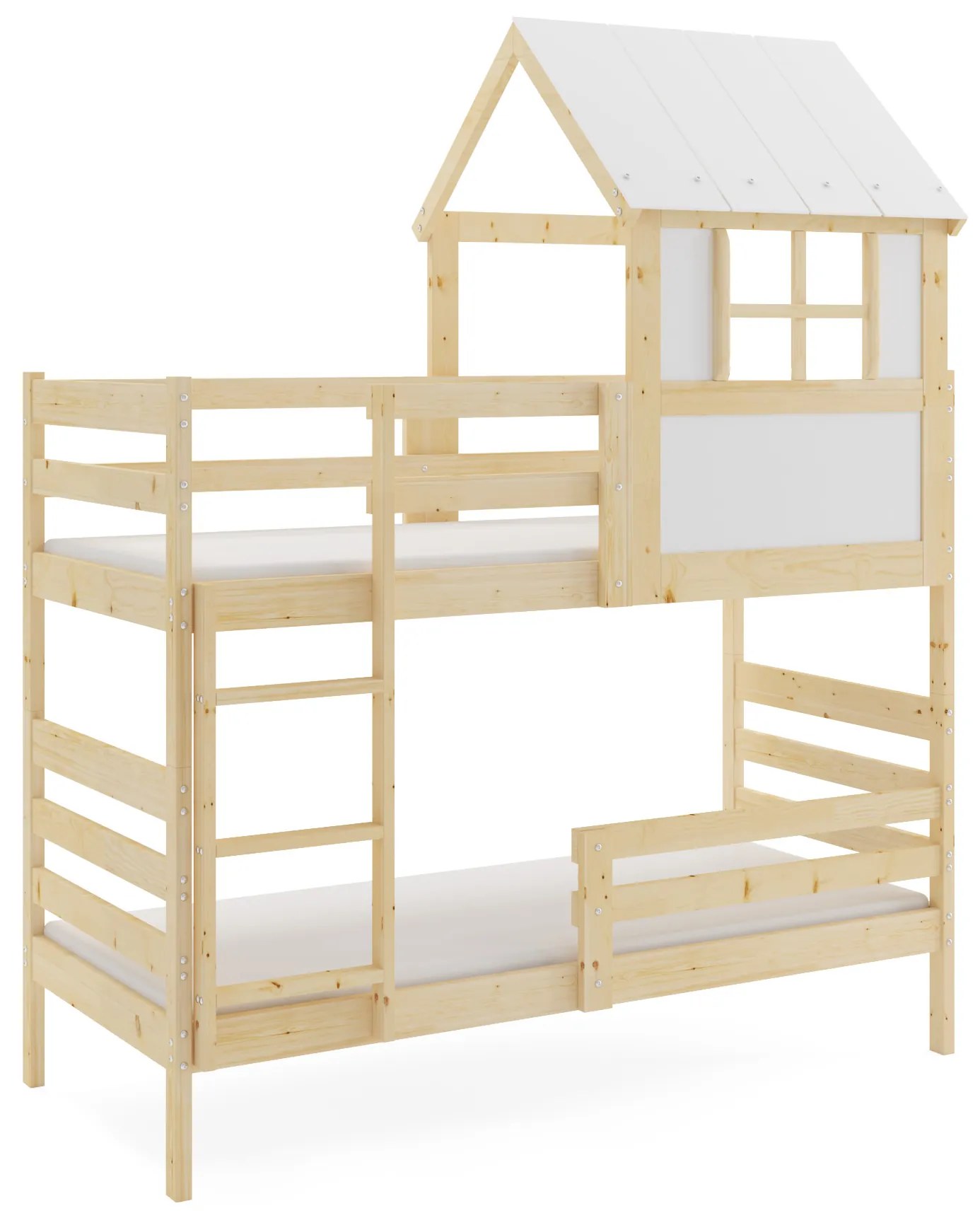 Poschodová posteľ s matracmi ERIK natural 190×90 cm borovica + domčeková nadstavba