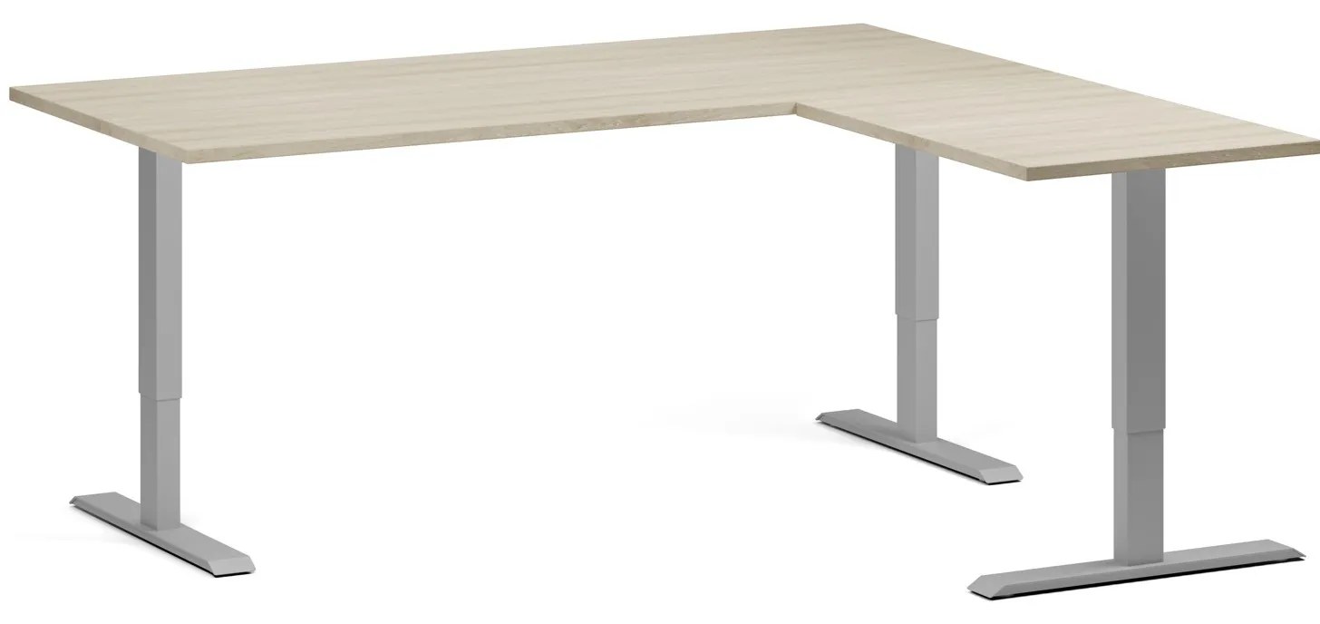 Výškovo nastaviteľný stôl, 180x160 cm, 3 motory, L/P, sivá podnož, dub prírodný