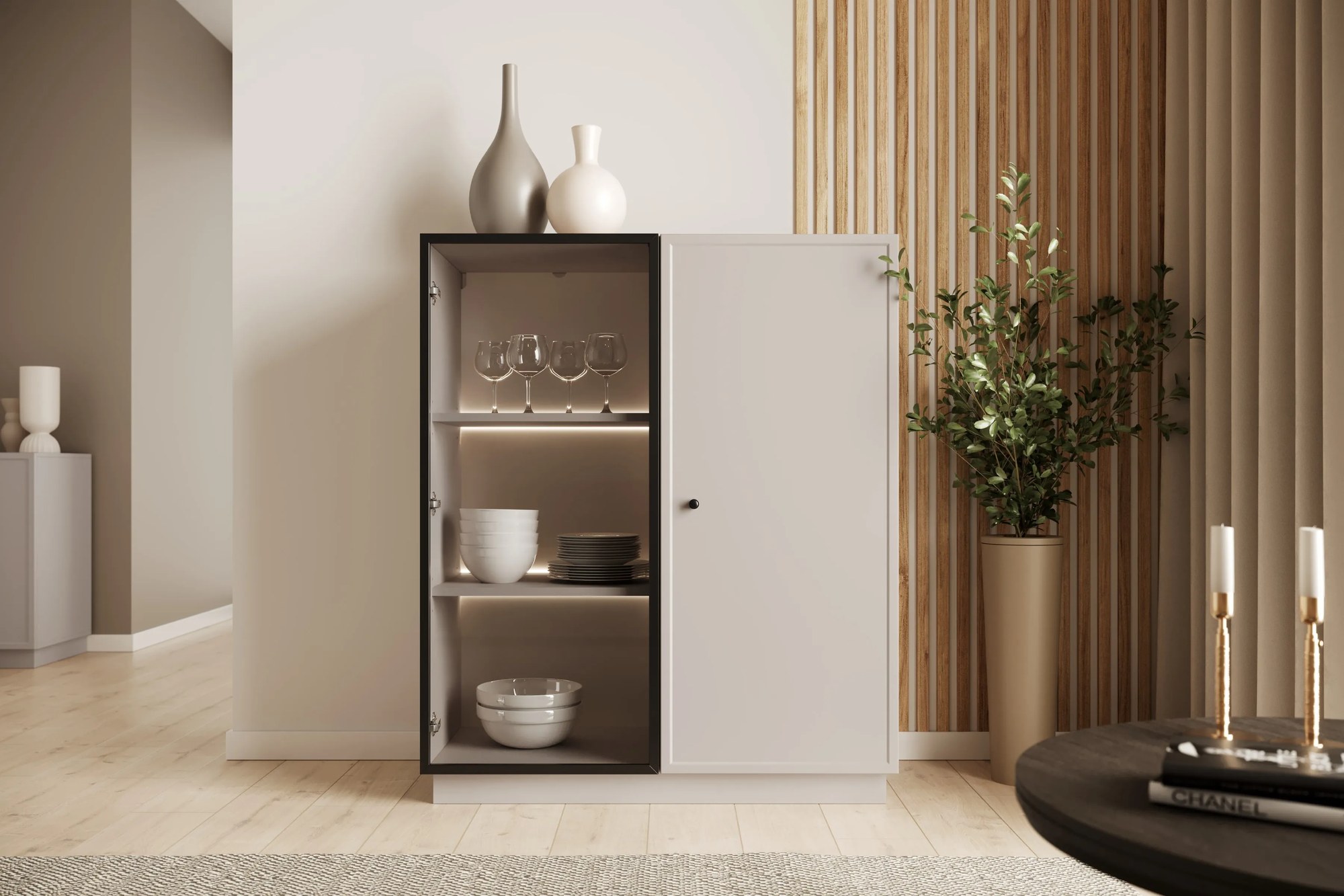 Vitrína Lorini 100 cm na sokli - kašmírová / čierna úchytka G