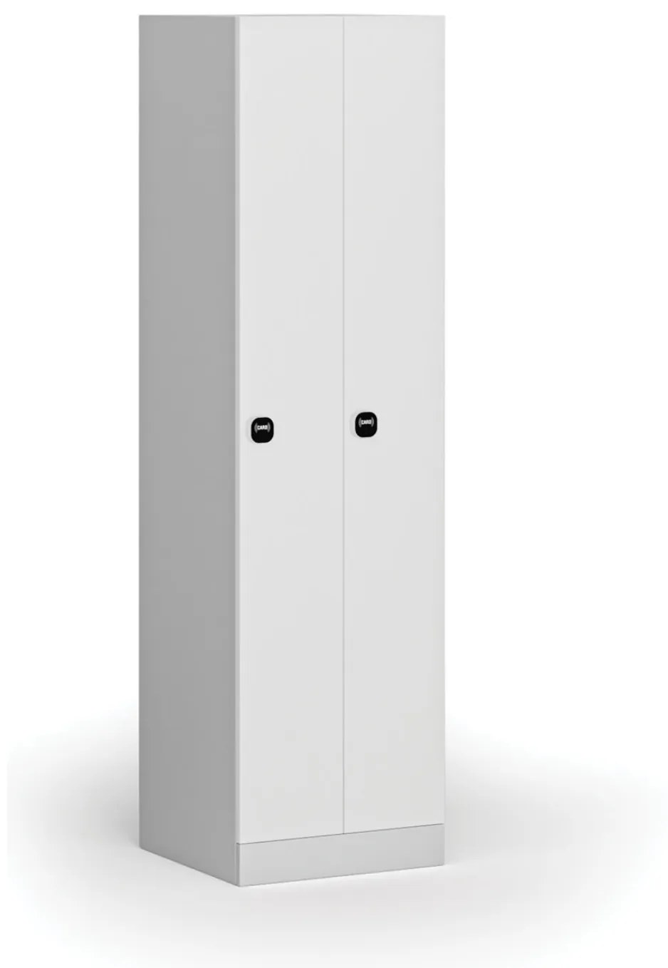 Kovová šatníková skrinka zúžená, 2 oddiely, 1850 x 500 x 500 mm, zámok s čítačkou RFID kariet, laminované dvere, biela