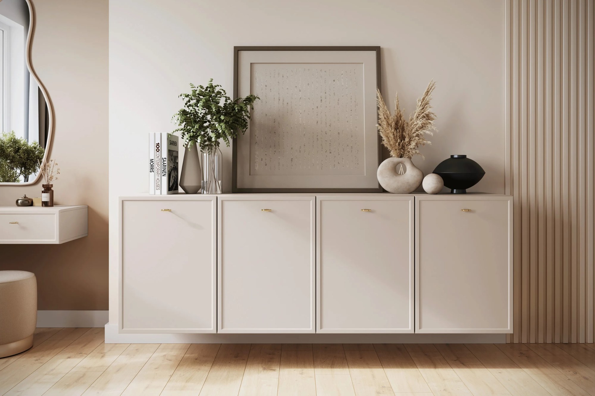 Závesná komoda Lorini 200 cm - kašmírová / zlaté úchytky T