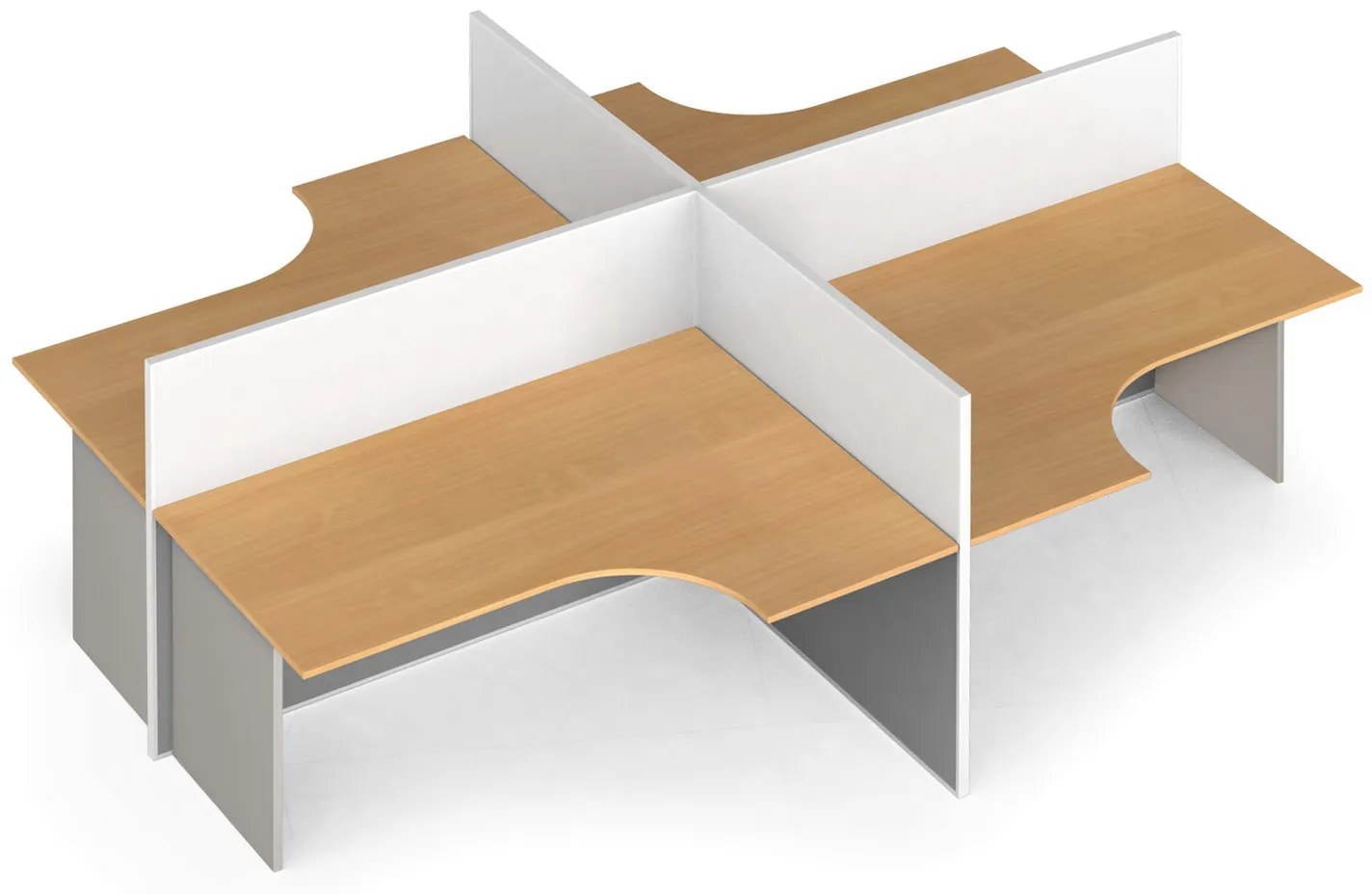 Rohový kancelársky písací stôl PRIMO s paravánom, otvorený, magnetická tabuľa, 4 miesta, sivá/buk