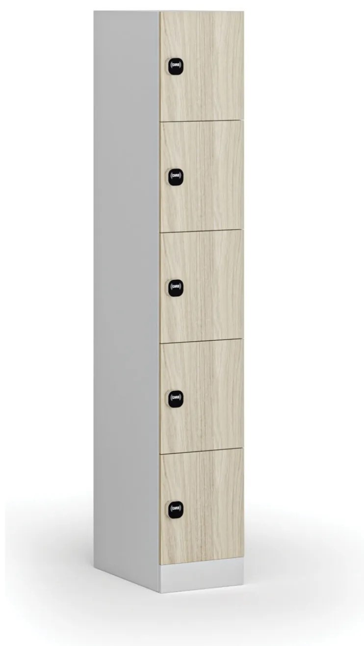 Šatníková skrinka s úložnými boxmi, 5 boxov, 1850 x 300 x 500 mm, demont, zámok s čítačkou RFID kariet, laminované dvere, dub prírodný