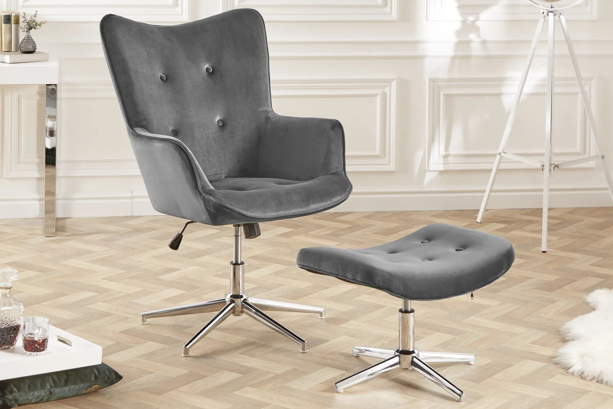 Otočné kreslo 100-110cm šedý zamat s taburetkou
