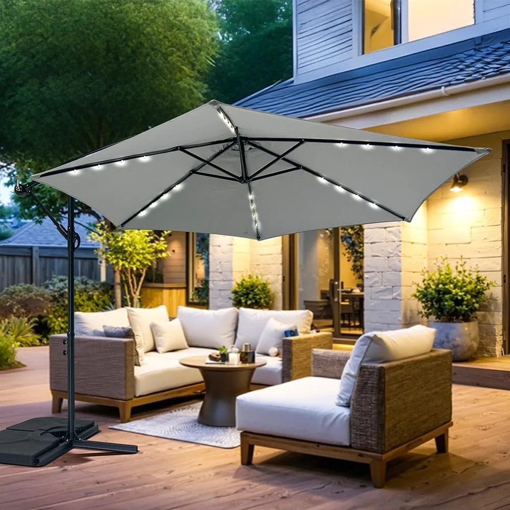 Veľký polohovateľný slnečník AVENBERG SUNNY LED 300, priemer 3M, sivá