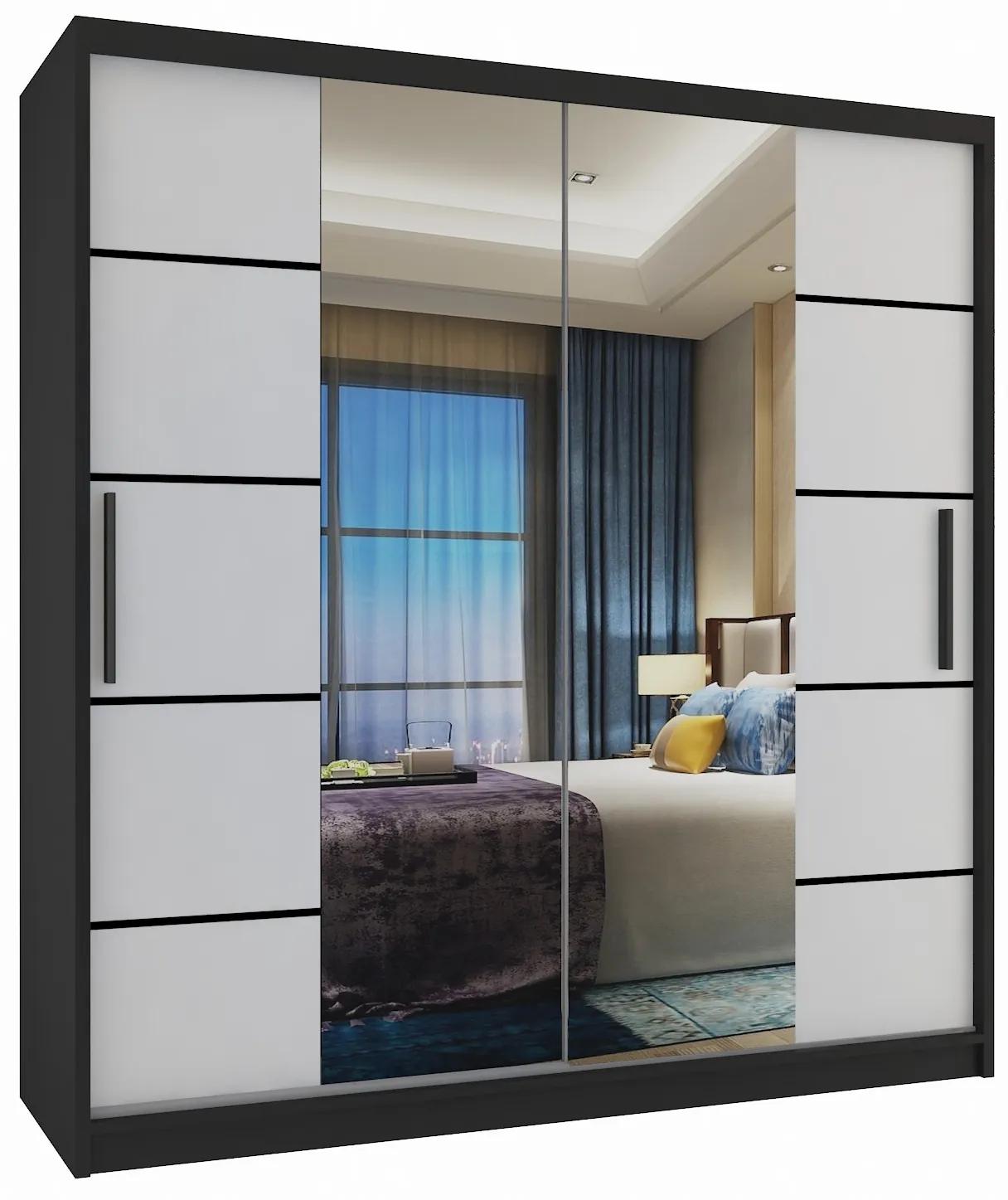 Šatníková skriňa 158 cm Belini čierny mat / biely mat s posunými dverami zrkadlom a zásuvkami ME SZP7/0/B/W/0/KLP