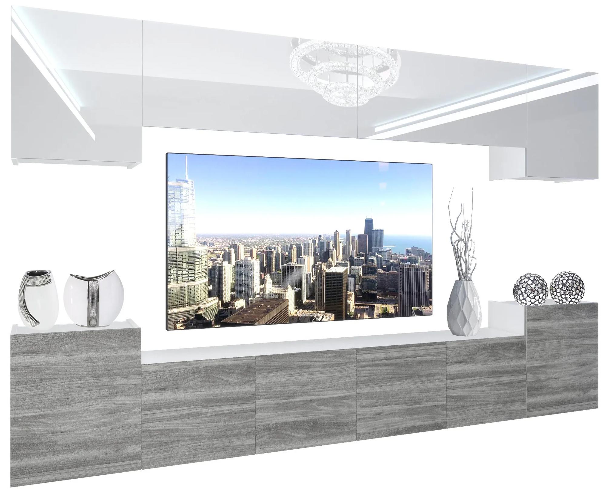 Obývacia stena Belini Premium Full Version biely lesk / šedý antracit Glamour Wood + LED osvetlenie Nexum 58