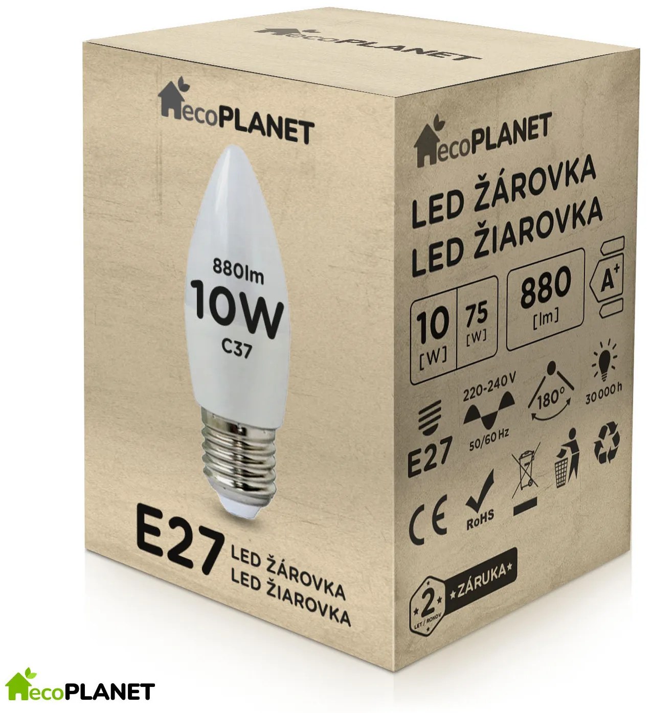 BERGE LED žiarovka - ecoPLANET - E27 - 10W - sviečka - 880Lm - teplá biela