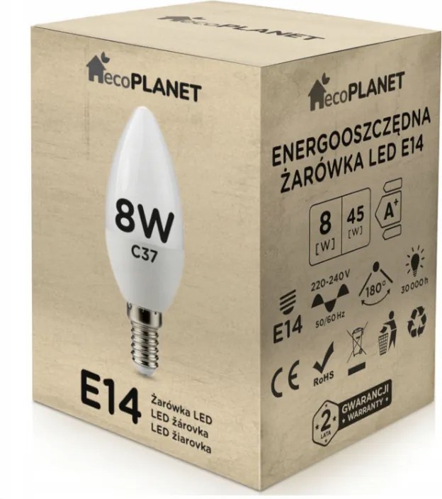 ecoPLANET LED žiarovka E14 sviečka 8W 700lm - teplá biela