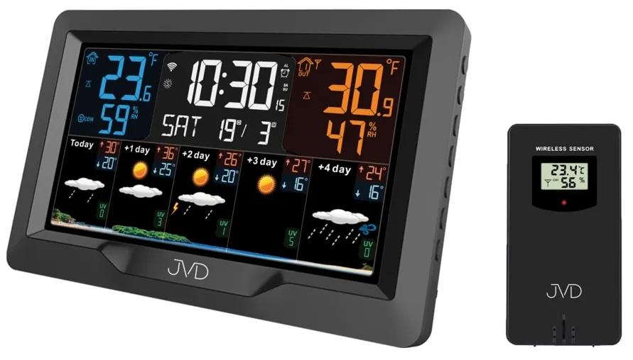 Farebná rádiom riadená meteorologická stanica s budíkom JVD RB3390.1, čierna
