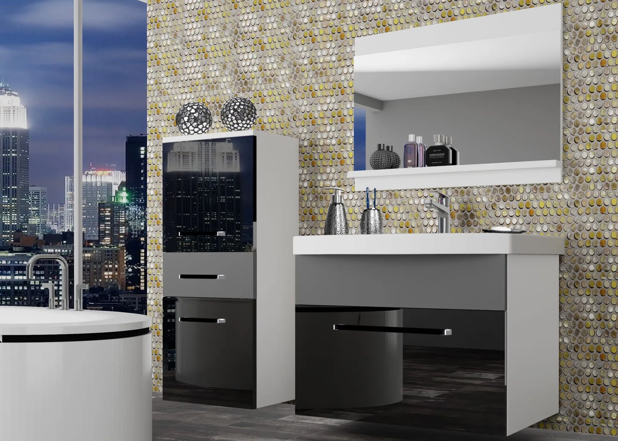 Kúpeľňový nábytok Belini čierny lesk / šedý mat + umývadlo + zrkadlo ROD PM 2/0/W/BSR/0/ZW