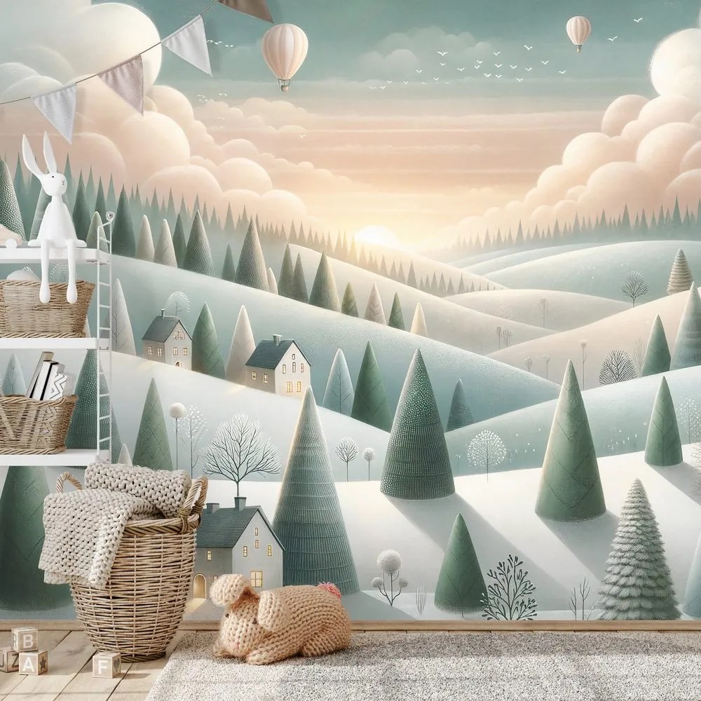 Samolepiaca tapeta zimná krajina s balónmi
