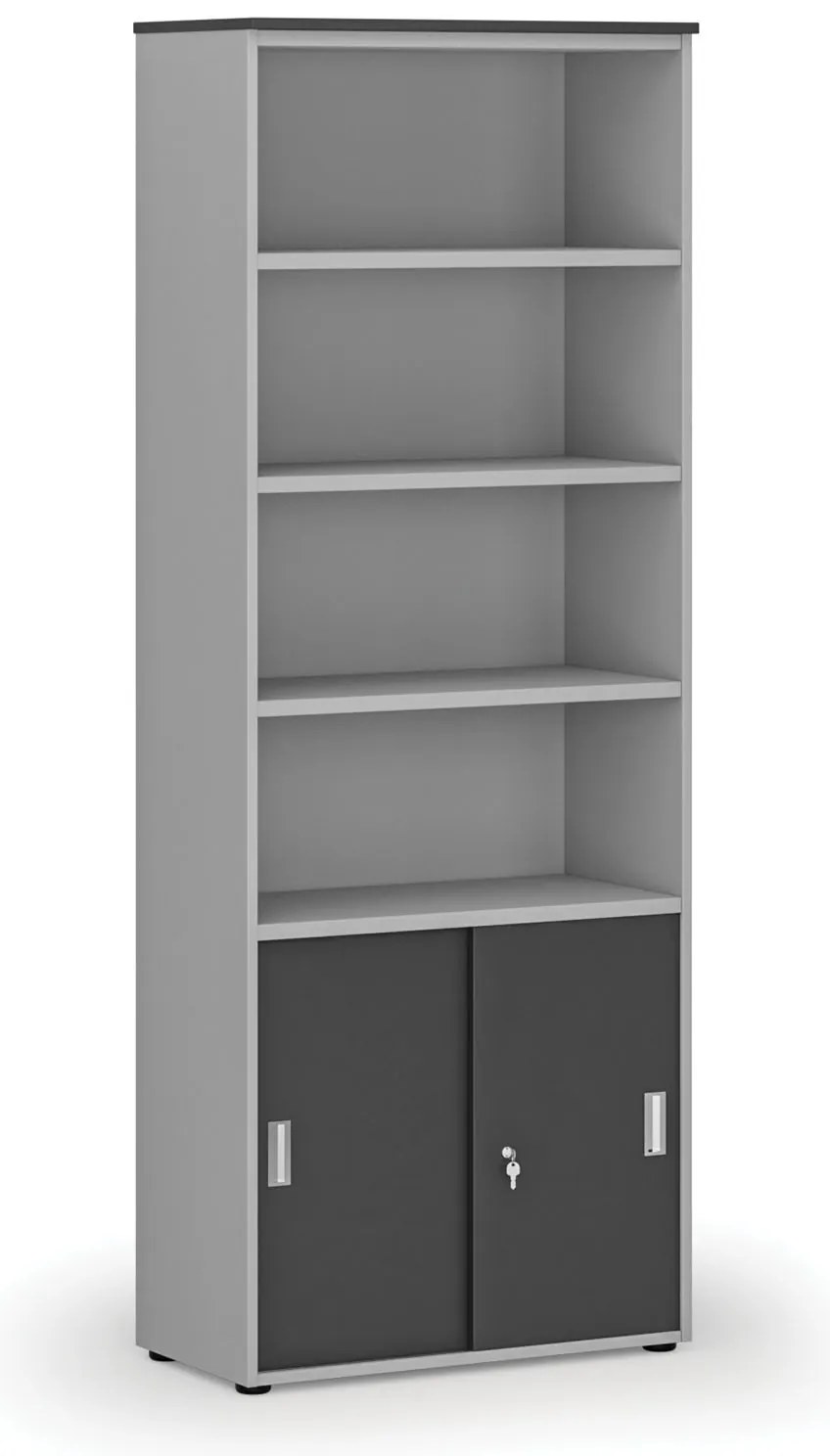 Kombinovaná kancelárska skriňa PRIMO GRAY, zasúvacie dvere na 2 poschodia, 800 x 420 x 2128 mm, sivá/grafit