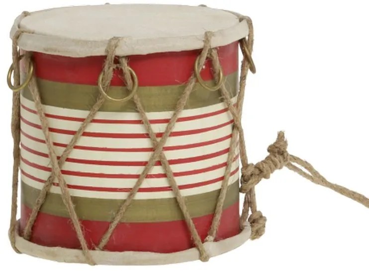 Červeno-biely vianočný drevený bubon s kožou Drum Vintage - Ø 11*10 cm