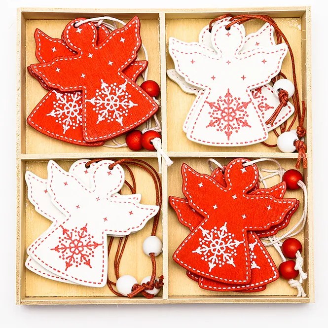 DECOLED Drevený anjel, 5x6 cm, červeno-biely, 12 ks/balenie.