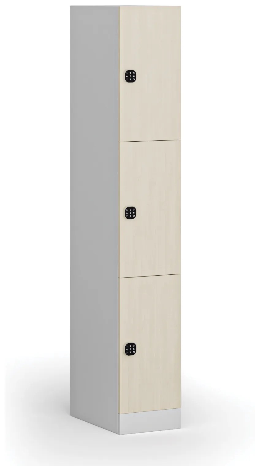 Šatníková skrinka s úložnými boxmi, 3 boxy, 1850 x 300 x 500 mm, kódový zámok, laminované dvere, breza