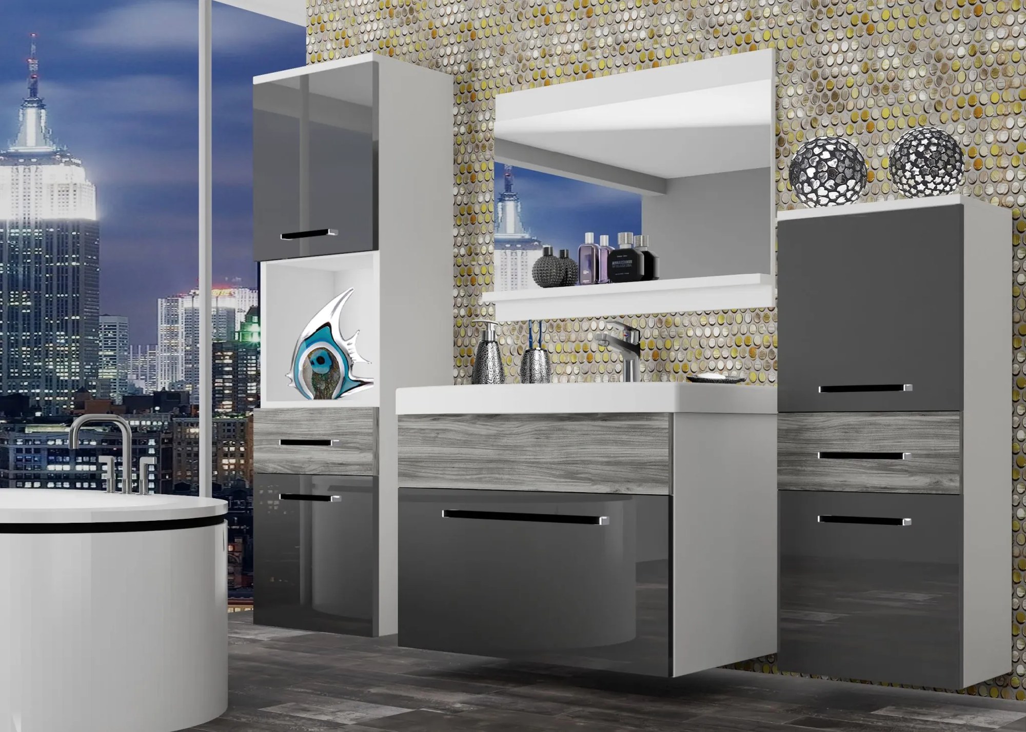 Kúpeľňový nábytok Belini šedý lesk / šedý antracit Glamour Wood + umývadlo + zrkadlo ROD PM 5/0/W/SGW/0/ZW