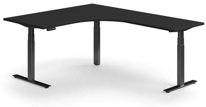 Výškovo nastaviteľný stôl QBUS, rohový, 1600x2000 mm, čierny rám, čierna