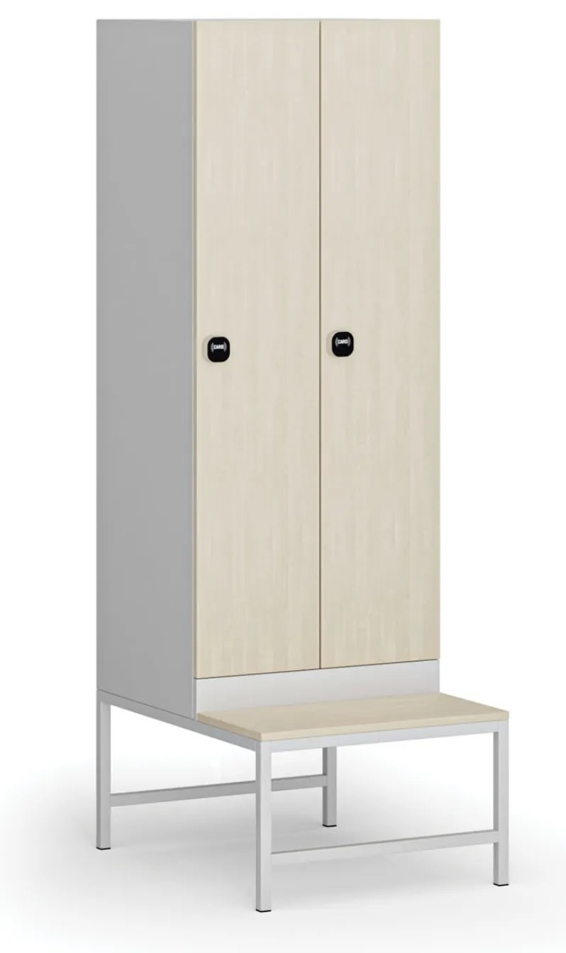 Šatníková skrinka S1 s lavičkou, 2 oddiely, 1875 x 600 x 500/800 mm, demont, zámok s čítačkou RFID kariet, laminované dvere, breza