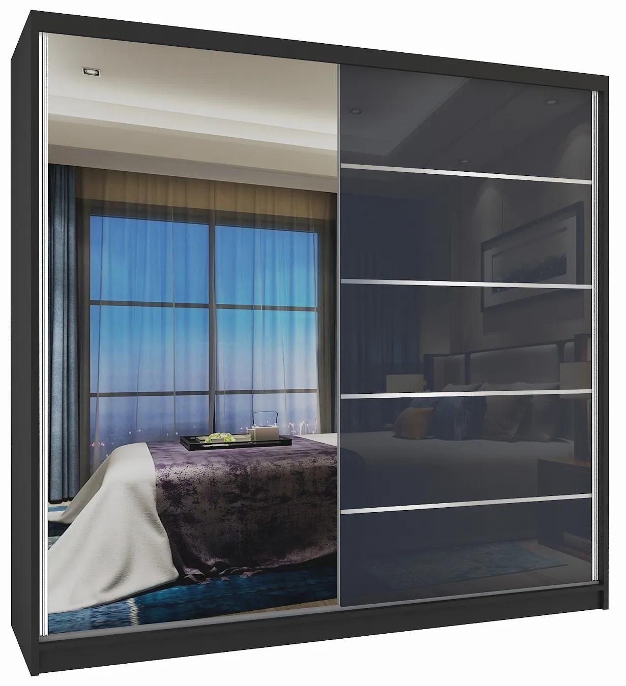 Šatníková skriňa 200 cm Belini čierny mat / šedý lesk s posuvnými dverami a zrkadlom MG SZP1/2/B/1L5S/HI