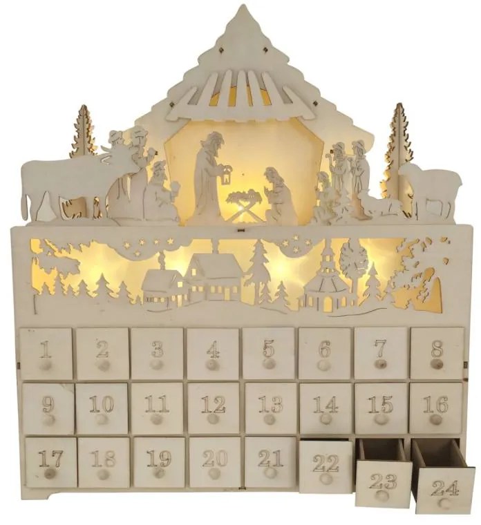 LED adventný kalendár drevený betlehem, 43 x 8 x 47 cm, 2× AA