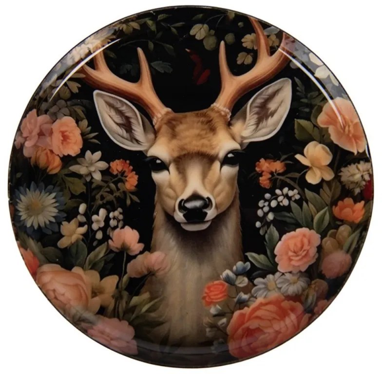 Čierny kovový podtácok hlava Jeleň s kvetmi - Ø 11*1 cm