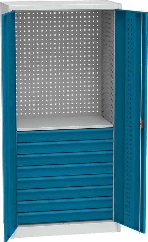 Dielenská zásuvková skriňa na náradie KOVOS, 1 polica, 8 zásuviek, perforovaná, 950 x 500 x 1950 mm