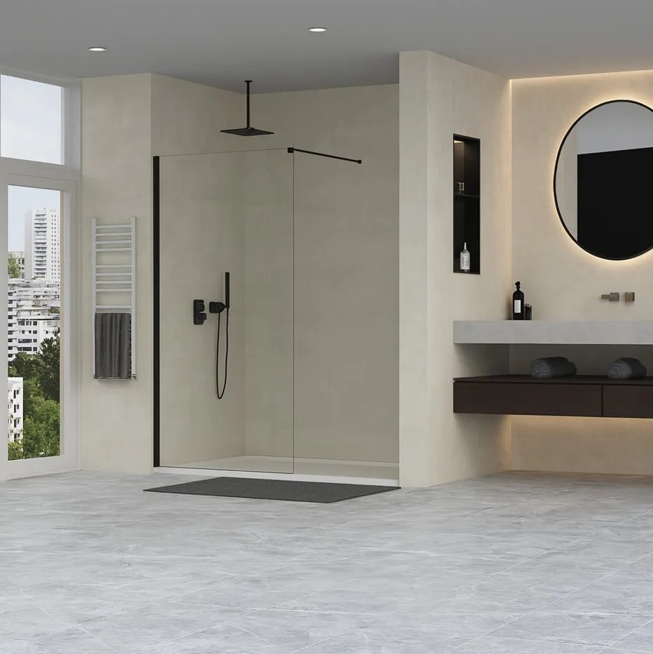 Erga Paris, sprchová zástena Walk-In 80x200 cm, 8mm číre sklo, čierny profil, ERG-V02-PARIS-080x200-CL-BK