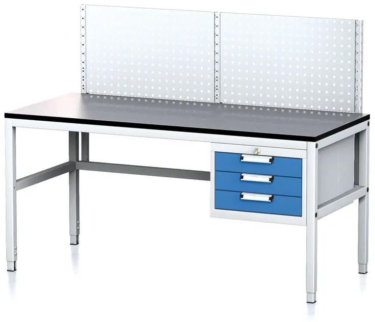 Alfa 3 Nastaviteľný dielenský stôl MECHANIC II s perfopanelom, 3 zásuvkový box na náradie, 1600x700x745-985 mm, sivá / modrá